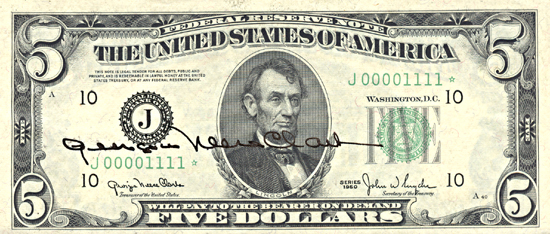 1950 $5.00 Star Kansas City, Autographed, 1111 Serial Number.  CHCU.