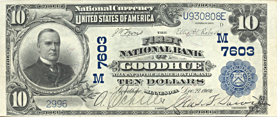 1902 $10.00. Goodhue, MN Charter# 7603 Blue Seal. XF.