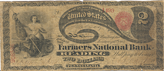 1865 $2.00. Reading, PA Charter# 696 Rays. Good.