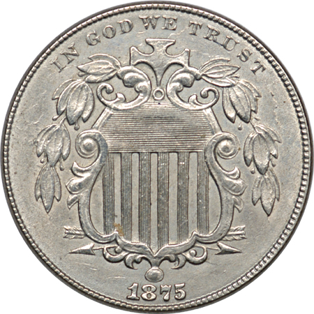 Six Shield Nickels.