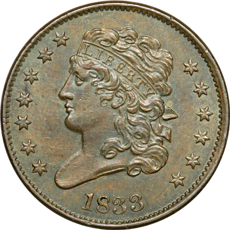 1853 Large Cent MS-63 BN and an 1833 Half Cent MS-62 BN.