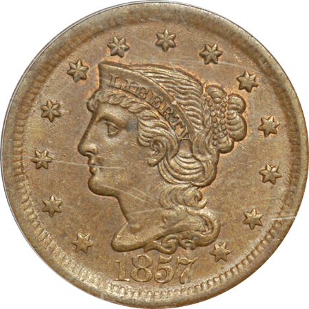 1857 Large Date. PCGS MS-62 BN OGH.