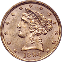 Five Coronet Half Eagles. PCGS MS-62. OGH.