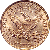 Five Coronet Half Eagles. PCGS MS-62. OGH.