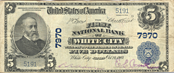 1902 $5.00. White City, KS Charter# 7970 Blue Seal. VF.