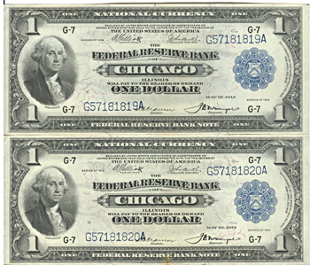 Pair of Sequential 1918 $1.00 Chicago.  AU.