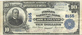 1902 $10.00. Rock Island, IL Charter# 2155 Blue Seal. VF.