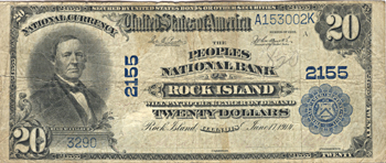 1902 $20.00. Rock Island, IL Charter# 2155 Blue Seal. F.