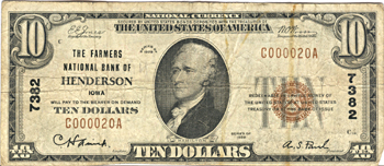 1929 $10.00. Henderson, IA Charter# 7382 Ty. 1. F.