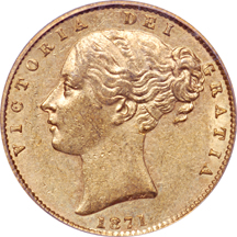 Australia: 1871-S sovereign. PCGS AU-58