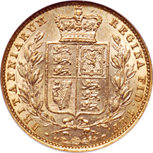 Great Britain: 1857 sovereign NGC AU-53.