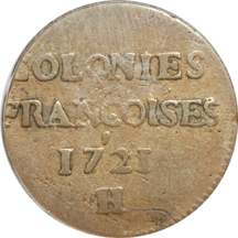 1721-H (La Rochelle Mint) French Colonies Copper Nine Deniers, Breen 261. PCGS VF-25.