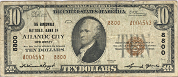 1929 $10.00. Atlantic City, NJ Charter# 8800 Ty. 2. CGA F-12.