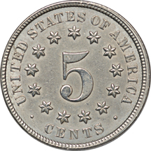 Six Shield Nickels.