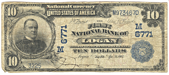1902 $10.00. Logan, IA Charter# 6771 Blue Seal. F.