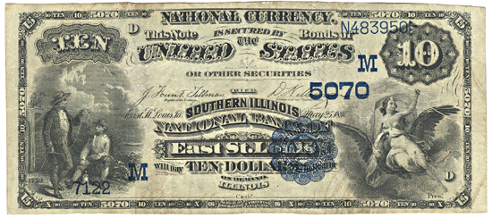 1882 $10.00. East St. Louis, IL Charter# 5070 Date Back. VF.