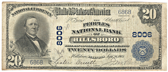 1902 $20.00. Hillsboro, IL Charter# 8006 Blue Seal. F.