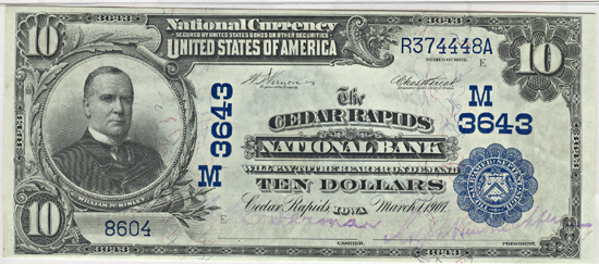 1902 $10.00. Cedar Rapids, IA Charter# 3643 Blue Seal Date Back. PMG CHCU.