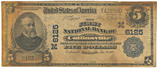 1902 $5.00. Collinsville, IL Charter# 6125 Blue Seal. VG.