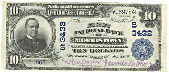 1902 $10.00. Morristown, TN Charter# 3432 Blue Seal. CU.