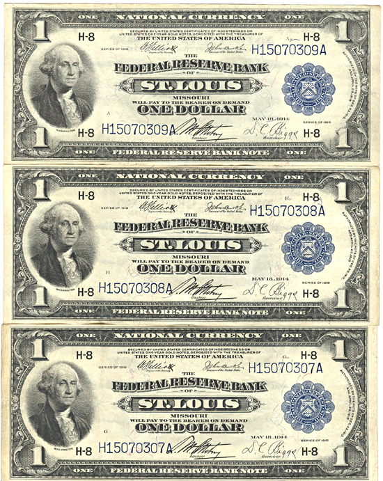 Run of Three Sequential 1918 $1.00.  XF.