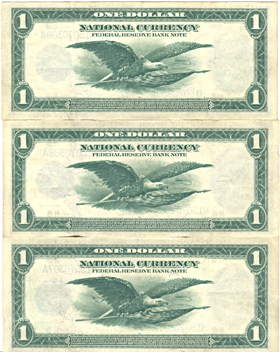 Run of Three Sequential 1918 $1.00.  XF.