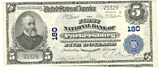 1902 $5.00. Parkersburg, WV Charter# 180 Blue Seal. CU.
