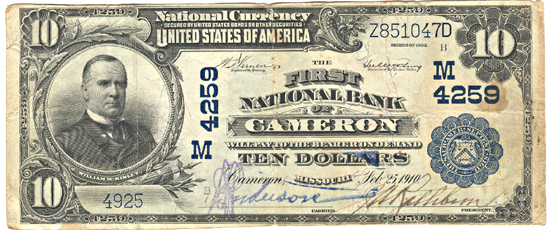 1902 $10.00. Cameron, MO Charter# 4259 Blue Seal. F.