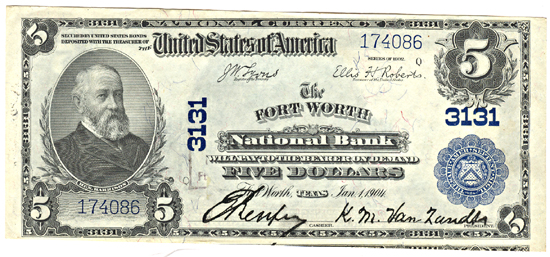 1902 $5.00. Fort Worth, TX Charter# 3131 Blue Seal. CU.