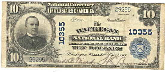 1902 $10.00. Waukegan, IL Charter# 10355 Blue Seal. F.