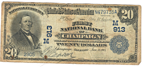 1902 $20.00. Champaign, IL Charter# 913 Blue Seal. VG.