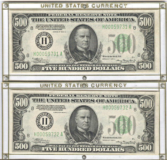 Two Consecutive 1934-A $500.00 St. Louis.  CHCU.