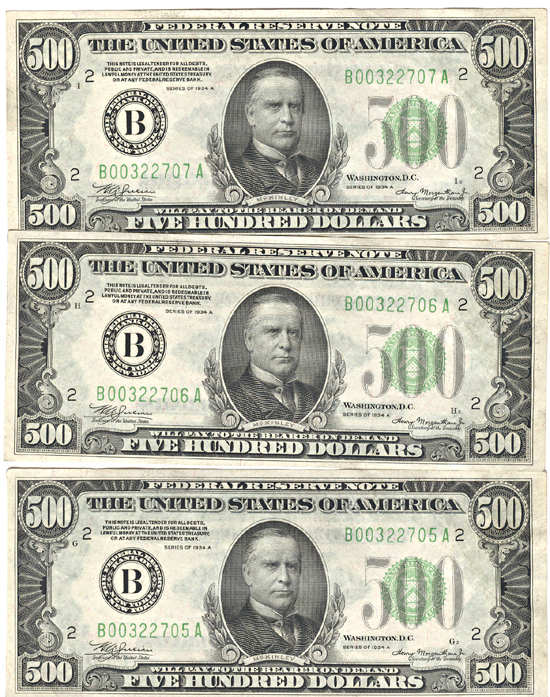 Three Sequential 1934 A $500.00 New York.  CU.