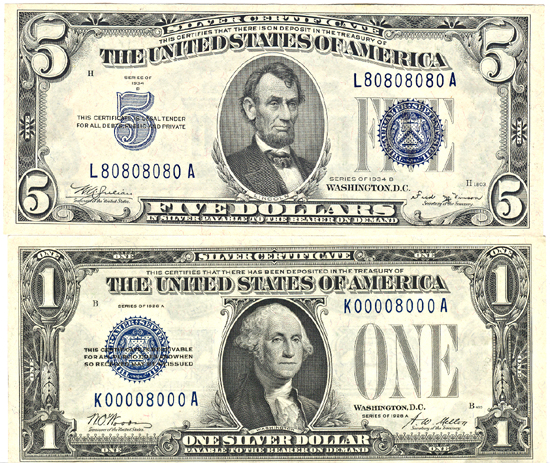 Pair of Fancy Serial Number Silver Certificates.