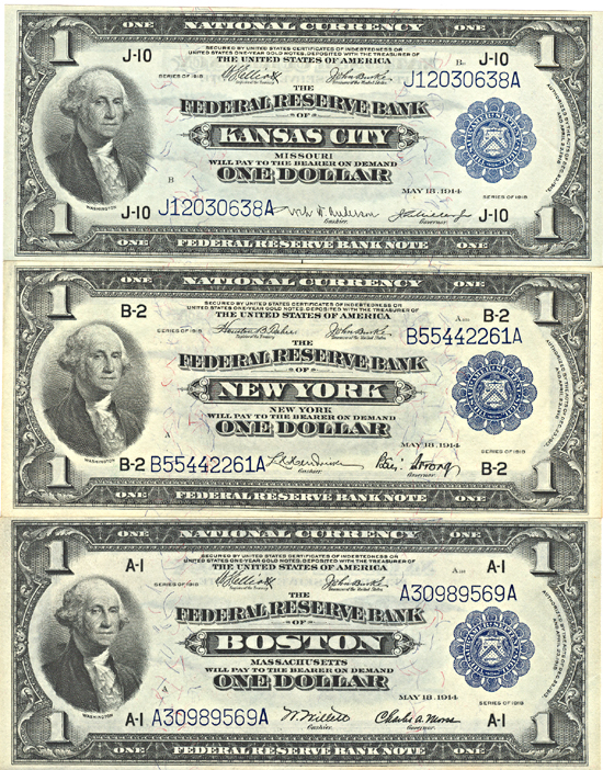 Three 1914 $1.00.  Blue Seal. CHCU.