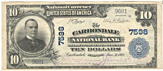 1902 $10.00. Carbondale, IL Charter# 7598 Blue Seal. VF.
