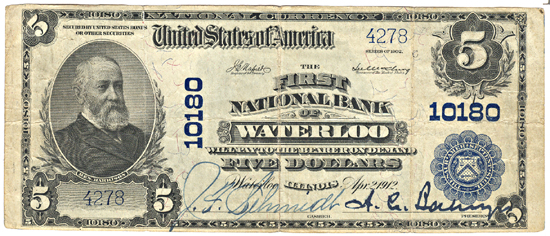 1902 $5.00. Waterloo, IL Charter# 10180 Blue Seal. F.