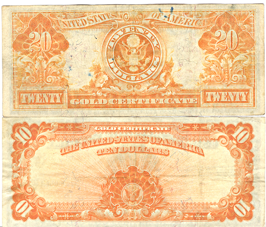 1906 $20.00 and 1922 $10 Gold Certificate.  VF.