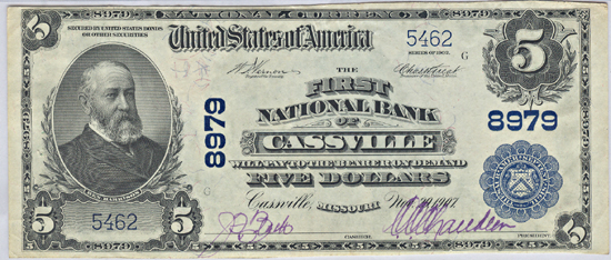 1902 $5.00. Cassville, MO Charter# 8979 Blue Seal. PMG XF-40.