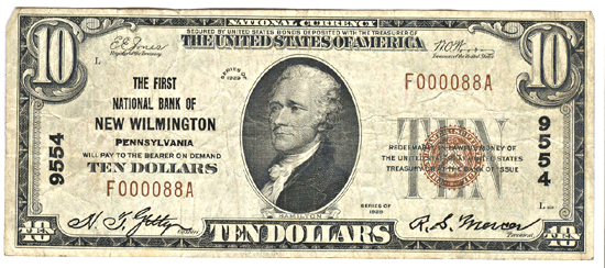 1929 $10.00. New Wilmington, PA Charter# 9554 Ty. 1. F.