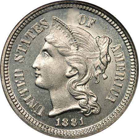 1881 Proof three-cent nickel, NGC PR-67 CAMEO