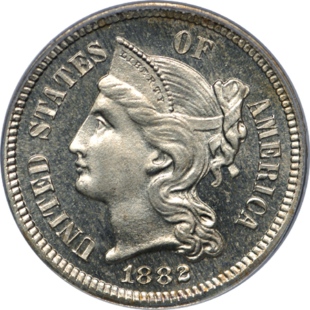 1882 Proof three-cent nickel, PCGS PR-65 CAMEO