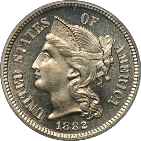 1882 Proof three-cent nickel, PCGS PR-66 CAMEO