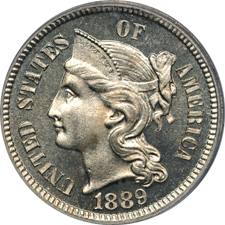 1889 Proof three-cent nickel, PCGS PR-66 CAMEO