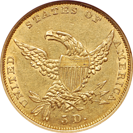 1834 (McCloskey 2) Classic Head half-eagle, NGC AU-55