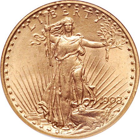 1908 'no motto' Saint-Gaudens double-eagle, NGC MS-64