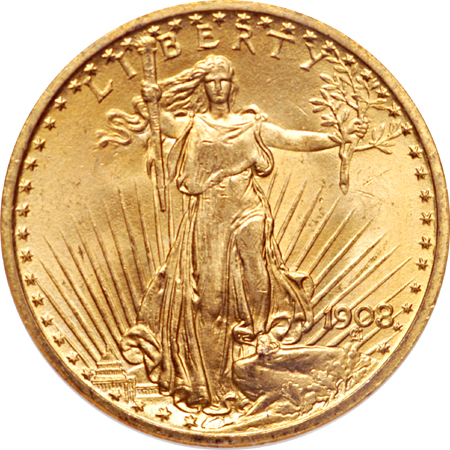 1908 'no motto' Saint-Gaudens double-eagle, NGC MS-64