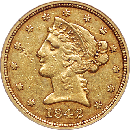 1842-C 'large date' Coronet half-eagle, PCGS XF-40