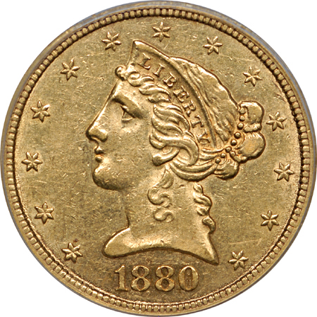 1880-CC Coronet half-eagle, PCGS AU-53