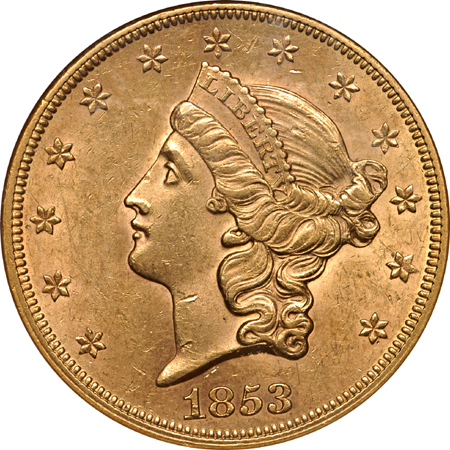 1853 Coronet double eagle, NGC AU-58